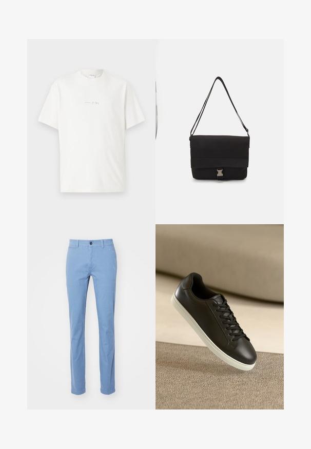 Vitt bomullströja med rund halsringning, korta ärmar och en liten tryckt logotyp på framsidan. Slät textur och avslappnad passform.; Ljusblå, raka chinos i bomullstyg. Har frontknäppning, bälteshällor och framfickor. Slät textur.; Svarta lädersneakers med vit gummisula och svarta snörningar, placerade mot en beige tygyta och bakgrund.; Svart messenger väska i slät material med en vikbar klaff, silverfärgade spännen och justerbar axelrem.