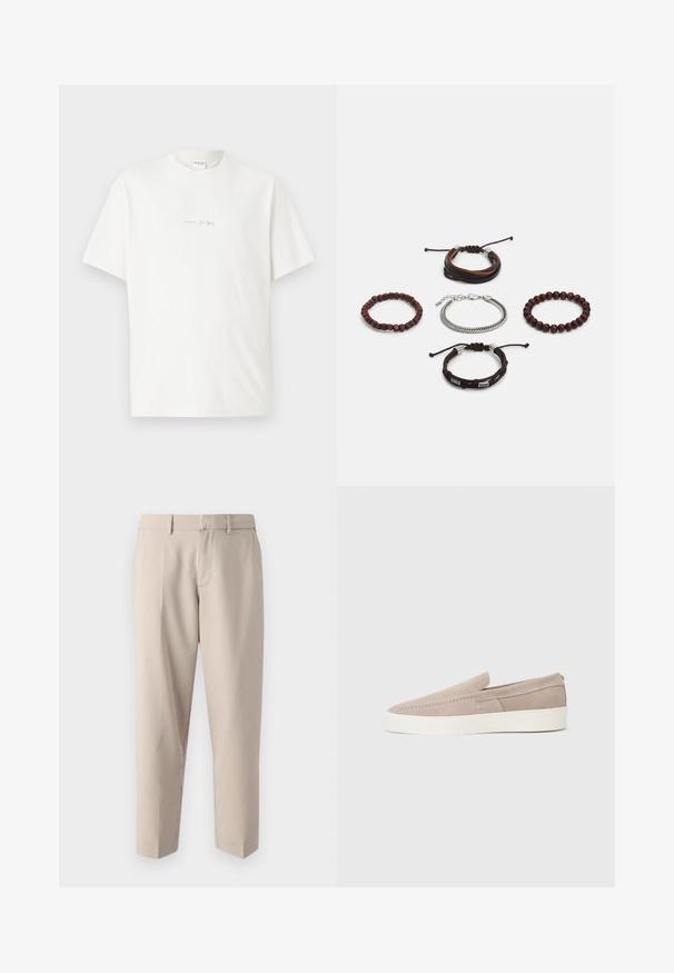 T-shirt bianca in cotone con collo rotondo, maniche corte e un piccolo logo stampato sul davanti. Tessuto morbido e vestibilità comoda.; Abercrombie & Fitch Baggy Trouser - Pantaloni - khaki; Scarpe in suede beige senza lacci con una texture liscia, punta arrotondata e suola in gomma bianca. Presentano una semplice cucitura lungo il lato superiore.; Set di cinque bracciali caratterizzati da pelle marrone, perline di legno e una catena in argento; texture e forme variabili, con chiusure regolabili.