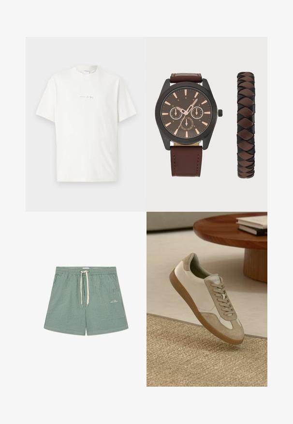 Biały bawełniany t-shirt z okrągłym dekoltem, krótkimi rękawami i małym nadrukowanym logo z przodu. Gładka tekstura i luźny krój.; Zielone i białe spodenki kąpielowe w paski z elastycznym pasem, regulowaną sznurówką oraz małym logo na dolnej lewej stronie.; Lekka sneaker z białą skórzaną cholewką, beżowymi zamszowymi akcentami, okrągłym noskiem i teksturowaną brązową gumową podeszwą.; Pier One - Zegarek
