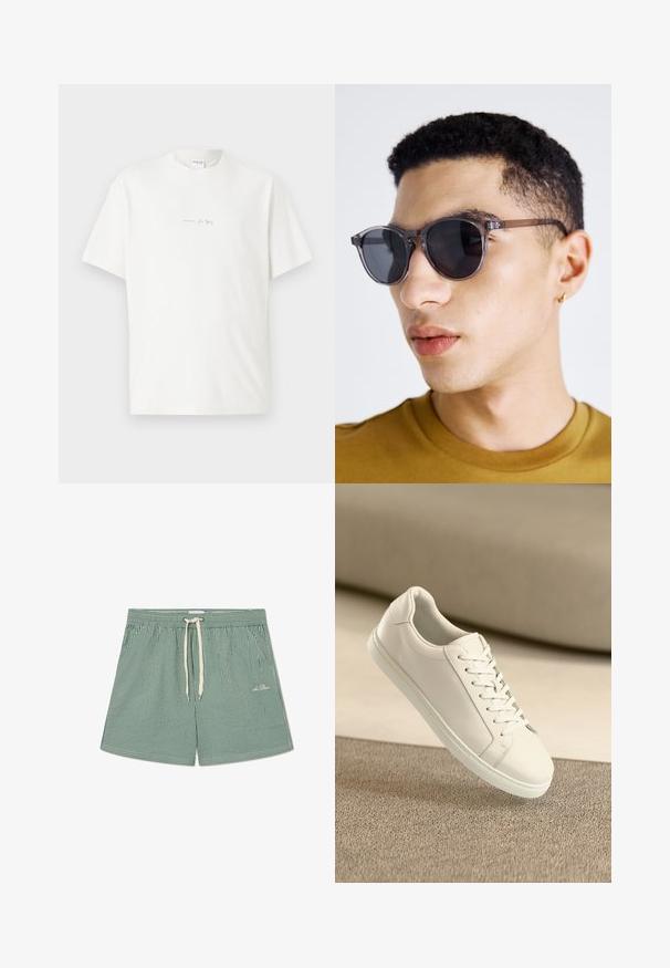 White cotton t-shirt with a crew neck, short sleeves, and a small printed logo on the front. Smooth texture and relaxed fit.; Green and white striped swim shorts with an elastic waistband, adjustable drawstring, and small logo detail on the lower left side.; White leather sneaker with white laces, displayed on beige textured surface and soft blurred background.; Gray-tinted round sunglasses with a transparent frame, featuring dark lenses and thin, sleek arms. Worn by a person with short curly hair.