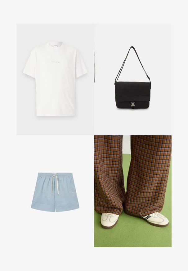 Witte katoenen t-shirt met een ronde hals, korte mouwen en een klein gedrukt logo aan de voorkant. Gladtextuur en een ontspannen pasvorm.; Gestreepte blauwe zwembroek met een elastische taille en een witte trekkoord. Heeft een lichte stof en een subtiel logo op de onderste linkerzijde.; Bruine en blauwe geruite wijde broek, gecombineerd met witte schoenen met zwarte accenten en een gestructureerde zool, gezet tegen een groene achtergrond.; Zwarte schoudertas van glad materiaal, met een omklapflap, zilveren sluiting en een verstelbare schouderband.
