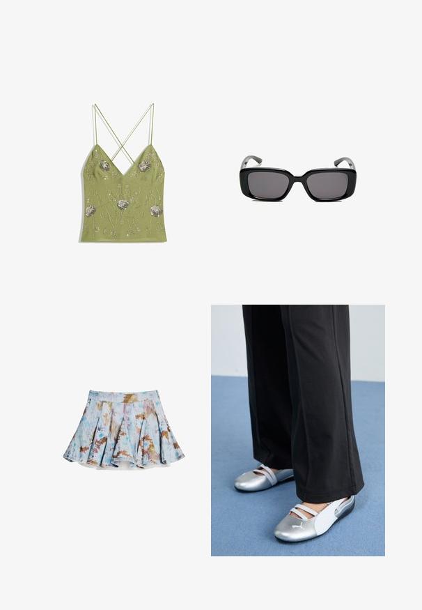 Olivovo zelená tielko s véčkovým výstrihom, nastaviteľnými krížovými ramienkami, ozdobené striebornou kvetinovou výšivkou a detailmi z korálok.; Rozšírená sukňa svetlomodrej farby s kvetinovou potlačou v hnedej a tyrkysovej. Vyrobená z rebrovanej tkaniny so strečovým pásom a skladaným dizajnom.; Strieborné a biele ploché topánky s krížovými remienkami a textúrovanými detailmi, doplnené voľnými čiernymi nohavicami. Umiestnené na modrej podlahe.; Čierne obdĺžnikové slnečné okuliare s tmavými sklami, hladkým plastovým rámom a zakrivenými stranami. Dizajn je robustný s minimalistickou estetikou.