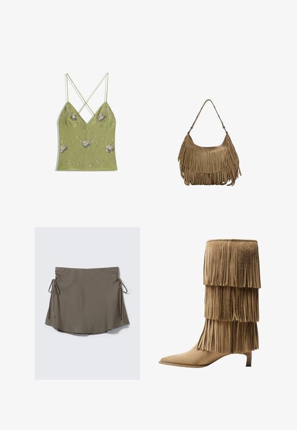 Oliivivärvi kampsun V-kaelusega, reguleeritavad ristkraedega rihmad, kaunistatud hõbedaste lillemotiivide ja helmestega.; Ruskea lyhyt hame, jossa on säädettävät sivunauhat ja poimuttaminen kummallakin puolella, esiteltynä yksinkertaista valkoista taustaa vasten.; Fringe nilkkurit vaaleassa mokassa, joissa on kolme kerroksellista fringia. Teräväkärkiset ja matalalla blokkikorkealla varustetut. Tasainen pinta kauttaaltaan.; Ruskea mokkanahkainen käsilaukku, jossa on pitkät fringer yksityiskohdat, kaareva muoto ja yksi olkahihna. Pinta on sileä ja teksturoitu.