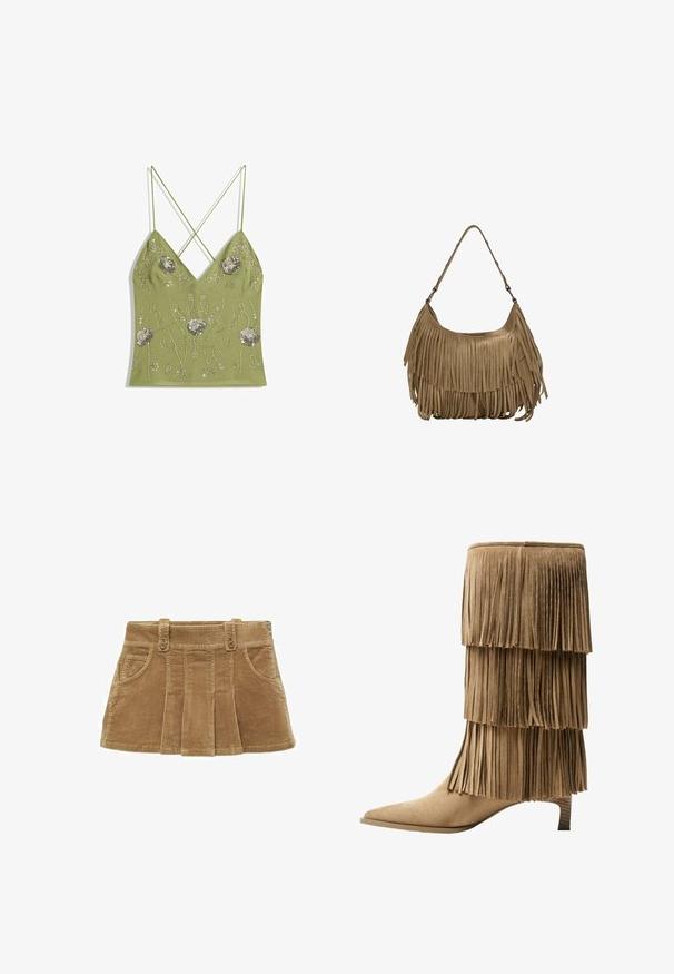 Olivovo zelená tielko s véčkovým výstrihom, nastaviteľnými krížovými ramienkami, ozdobené striebornou kvetinovou výšivkou a detailmi z korálok.; Mango sukňa v tvare A - khaki; Krajkové členkové topánky z hnedej semišovej kože s tromi vrstvami franje. Špicatá špička a nízky blokový podpätok. Hladká štruktúra po celej ploche.; Hnedá zamková kabelka s dlhými strapcami, zakriveným tvarom a jedným ramenným popruhom. Má hladký, textúrovaný povrch.