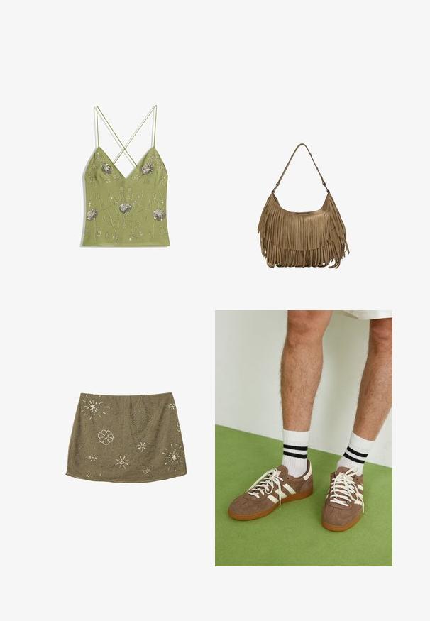Camisole vert olive avec un col en V, des bretelles croisées réglables, ornée de broderies florales argentées et de détails en perles.; Jupe vert olive à taille ajustée, ornée de perles en argent dans des motifs floraux et étoilés, créant un design de surface texturé.; Baskets en daim marron avec des accents et des lacets blancs. Semelle en caoutchouc gomme. Portées avec des chaussettes blanches à rayures noires. Sol texturé vert.; Sac à main en daim marron avec des détails en franges longues, une forme incurvée et une seule bandoulière. Caractérisé par une surface lisse et texturée.