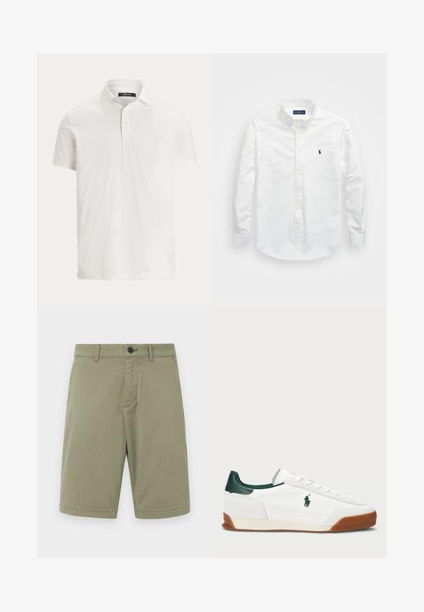 Weißes Kurzarm-Poloshirt für Herren mit Kragen, zwei Knöpfen und einem dezenten Logolabel am Innenkragen.; Weißes Button-Down-Hemd aus Baumwolle. Verfügt über einen spitzen Kragen, lange Ärmel und ein kleines marineblaues Logo auf der Brust. Glatte Textur.; Kaki-Shorts aus Baumwolle, ausgestattet mit Gürtelschlaufen, einem Frontknopf und einem flachen Vorderdesign mit sauberem Finish und ohne Taschen.; Weiße Sneaker mit grünen Lederakzenten und einer braunen Gummisohle. Hat einen Stoffkörper und ein auffälliges Logo an der Seite. Schnürungsdesign.