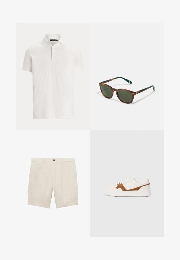 Witte korte mouw polo voor heren met een kraag, twee knopen en een subtiel logolabel aan de binnenkant van de kraag.; Lichtbeige linnen shorts met een knoopsluiting, twee zijzakken en een gladde structuur. De beenlengte is boven de knie.; Witte sneaker met bruin suede accenten, met een gestructureerde afwerking, ronde neus, dikke zool en traditionele vetersluiting.; Schildpadzonnebril met groene lenzen, ronde vorm, gouden accenten en donkergroene pootjes met een witte streep.