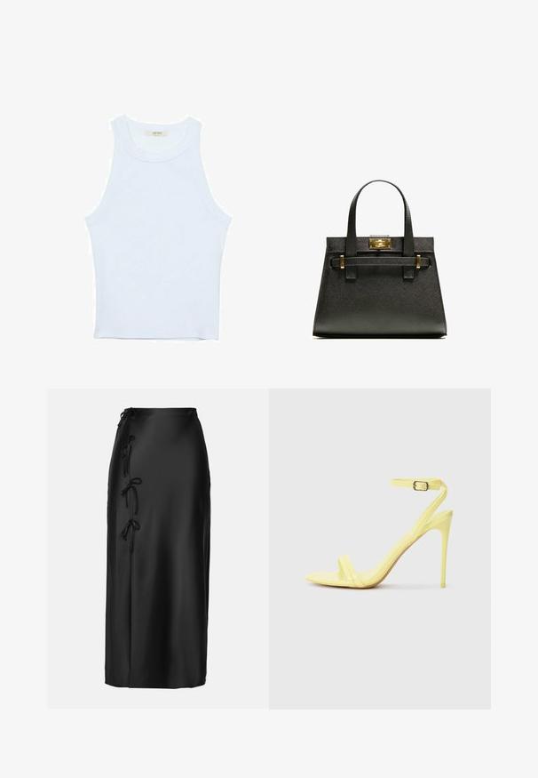 White tank top, ribbed texture, round neckline, sleeveless design, fitted shape, subtle branding on the label inside the collar area.; Anna Field MIDI SKIRT - Pencil skirt - black; Yellow patent leather high-heeled sandals with two front straps and an ankle strap featuring a buckle. Slim, pointed heel design.; Black textured tote bag with short handles, featuring a gold clasp and accents. The design is structured, with a geometric silhouette.