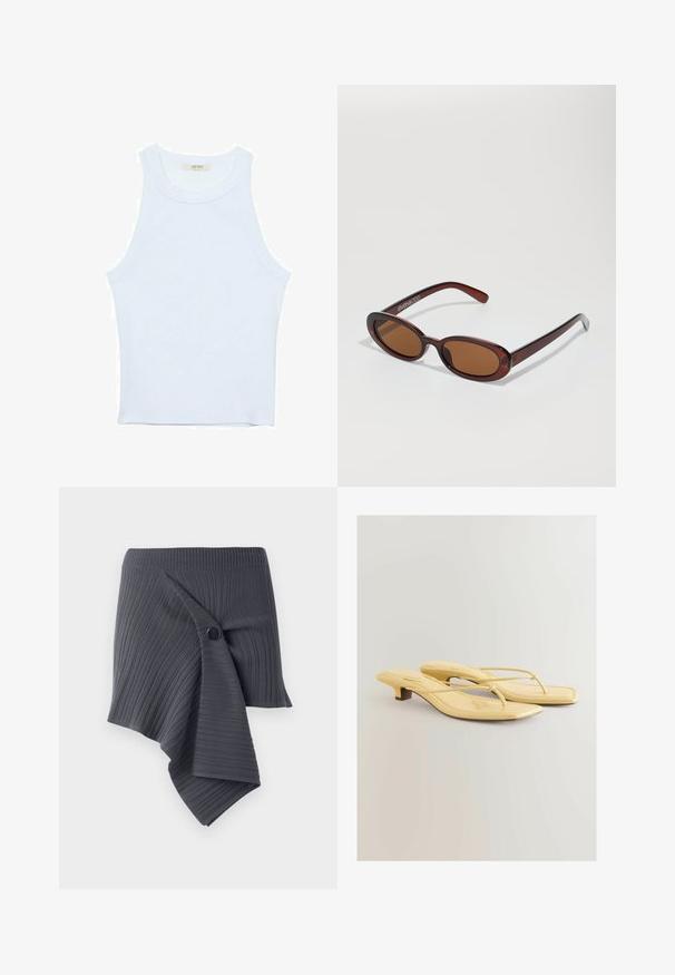 Valkoinen hihaton toppi, ribbed rakenne, pyöreä pääntie, hihaton malli, tiukka muoto, hillitty brändäys kauluksella sisäpuolella.; Tummanharmaa ribatulla pinnalla varustettu kietaisuhame, jossa on kierretty muotoilu ja pyöreä musta nappikoristelu. Valmistettu rakenteellisesta ja joustavasta materiaalista.; Keltaiset patenttikuosiset korkokengät, joissa on kärjellinen muoto, ohuet nauhat ja pieni loiva korko. Pintamateriaali on sileä ja siinä on ompeluvuorauksia.; Pyöreät, ruskehtavat aurinkolasit, joissa on kiiltävä burgundinpunainen runko. Kapeat sivut, joissa on hienovarainen brändäys. Litteät linssit.; ALDO THALELI - Käsilaukku - navy