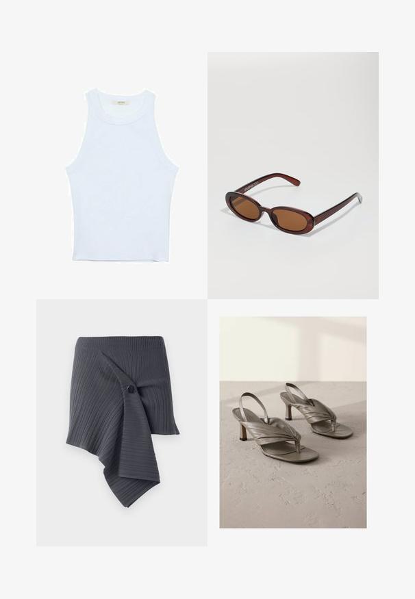 White tank top, ribbed texture, round neckline, sleeveless design, fitted shape, subtle branding on the label inside the collar area.; Dark gray ribbed wrap skirt with a twisted design and a round black button accent. Made from a textured, stretchy material.; Grey leather slingback high-heeled sandals with twisted front straps and square toes, featuring a low block heel and textured surface.; Round, brown-tinted sunglasses with a glossy burgundy frame. Slim arms with subtle branding detail. Flat lens design.; ALDO THALELI - Handbag - navy
