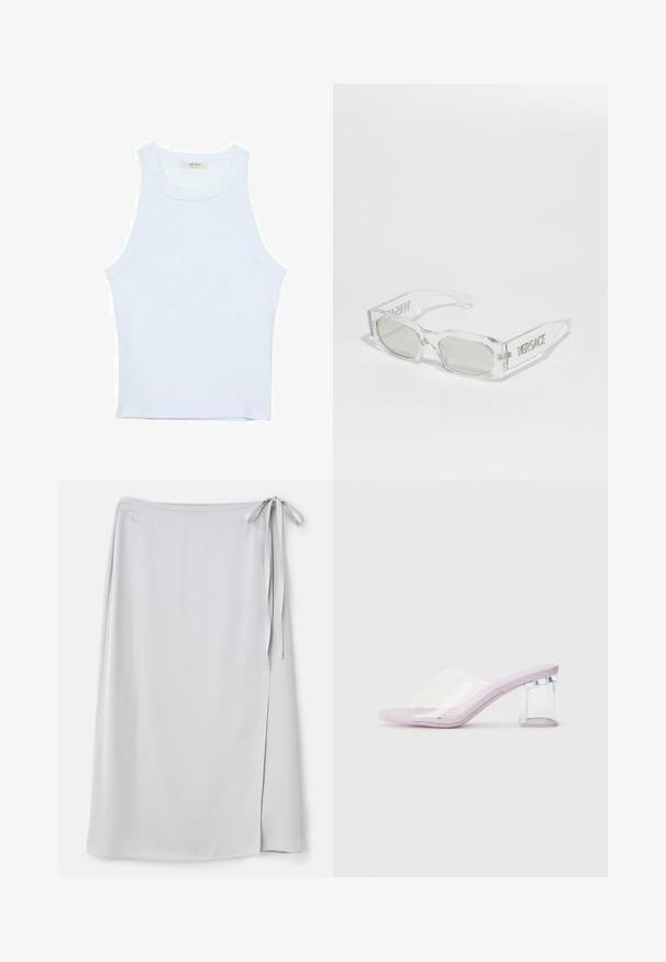 Hvid tanktop, ribbet tekstur, rund halsudskæring, ærmeløs design, tætsiddende form, diskret branding på mærket inden i kraveområdet.; Lys grå omslagsnederdel med en glat tekstur, sidelukning med bånd og en subtil slids på venstre side. Enkel design uden mønstre eller accenter.; Lilla hæle mules med en klar plastoverdel og en gennemsigtig blokhæl. Glat tekstur, åben tå-design, minimalistisk form.; Klare plastiksolbriller med grå linser, rektangulær form, prægede "Versace" logoer på stængerne, der fremviser et moderne design.