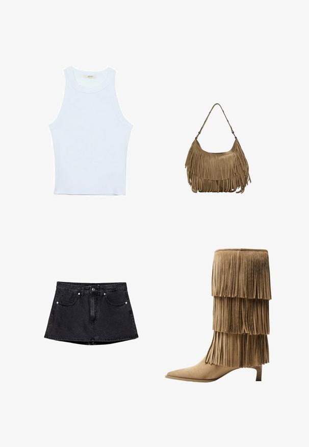 Weißes Tanktop, gerippte Textur, runder Ausschnitt, ärmelloses Design, enganliegende Form, dezente Markenkennzeichnung im Etikett im Kragenbereich.; Schwarzer Jeansrock mit taillierter Taille, Fünf-Taschen-Design, traditionellem Knopf- und Reißverschluss und einem leicht ausgestellten Saum.; Fransen-Stiefelette aus taupefarbenem Wildleder mit drei Lagen Fransen. Spitz zulaufende Zehenpartie und ein niedriger Blockabsatz. Durchgehend glatte Oberfläche.; Braune Wildleder-Handtasche mit langen Fransen, einer geschwungenen Form und einem einzelnen Schultergurt. Verfügt über eine glatte, strukturierte Oberfläche.; Goldmesh-Choker-Halskette mit flachem, flexiblem Design. Verfügt über eine Kettenverlängerung für anpassbare Länge. Glatte Textur, minimalistischer Look.