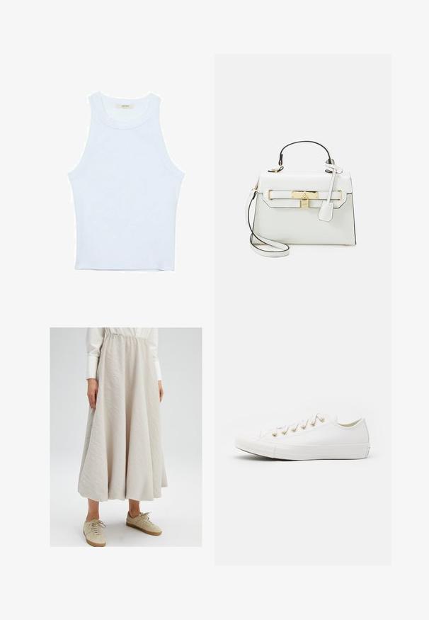 Biały top bez rękawów, prążkowana tekstura, okrągły dekolt, dopasowany krój, subtelne logo na metce wewnątrz obszaru kołnierza.; Jasno beżowa spódnica do kolan wykonana z teksturowanej tkaniny, z elastycznym pasem, w połączeniu z beżowymi sneakersami, tworząca casualowy wygląd.; Converse CHUCK TAYLOR biały; Biała torebka o teksturze krokodyla, złote okucia, uchwyt u góry i odpinany pasek na ramię; wyposażona w zamek oraz minimalistyczny design.