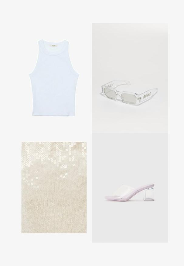 Weißes Tanktop, gerippte Textur, runder Ausschnitt, ärmelloses Design, enganliegende Form, dezente Markenkennzeichnung im Etikett im Kragenbereich.; Beiger Strickstoff mit verstreuten weißen Pailletten, die ein strukturiertes Muster erzeugen. Die Pailletten reflektieren das Licht und verleihen einen dezenten Glanz.; Lavendelfarbene mules mit Absatz aus klarem Kunststoff und transparentem Blockabsatz. Glatte Textur, offenes Zehendesign, minimalistischer Stil.; Klare Kunststoffsonnenbrille mit grauen Gläsern, rechteckiger Form, geprägtem "Versace"-Logo an den Bügeln, das ein modernes Design präsentiert.