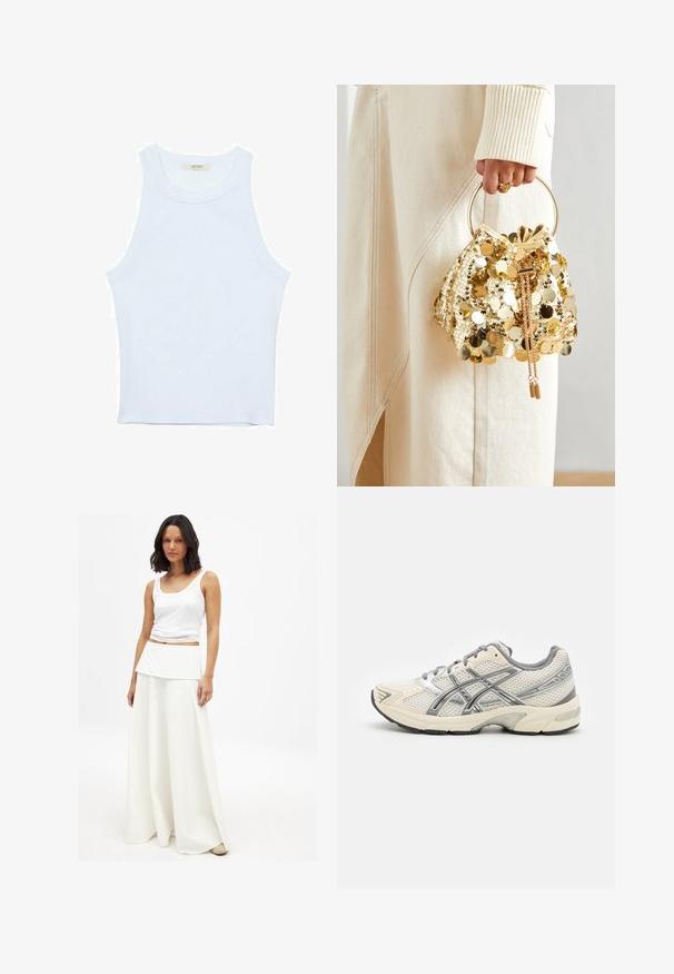 Weißes Tanktop, gerippte Textur, runder Ausschnitt, ärmelloses Design, enganliegende Form, dezente Markenkennzeichnung im Etikett im Kragenbereich.; Weißes Tanktop kombiniert mit einem fließenden weißen Maxirock. Der Rock hat einen geschichteten, gefalteten Bund und eine weiche, glatte Textur.; Laufschuhe mit einem atmungsaktiven weißen Mesh-Obermaterial, silbernen Akzenten, grauen Schnürsenkeln und einer langlebigen schwarzen Gummisohle. Leichtes, gepolstertes Design.; Goldfarbene Drawstring-Handtasche mit einem runden Griff, verziert mit glänzenden runden Pailletten und einem strukturierten Stoff. Abmessungen sind nicht angegeben.