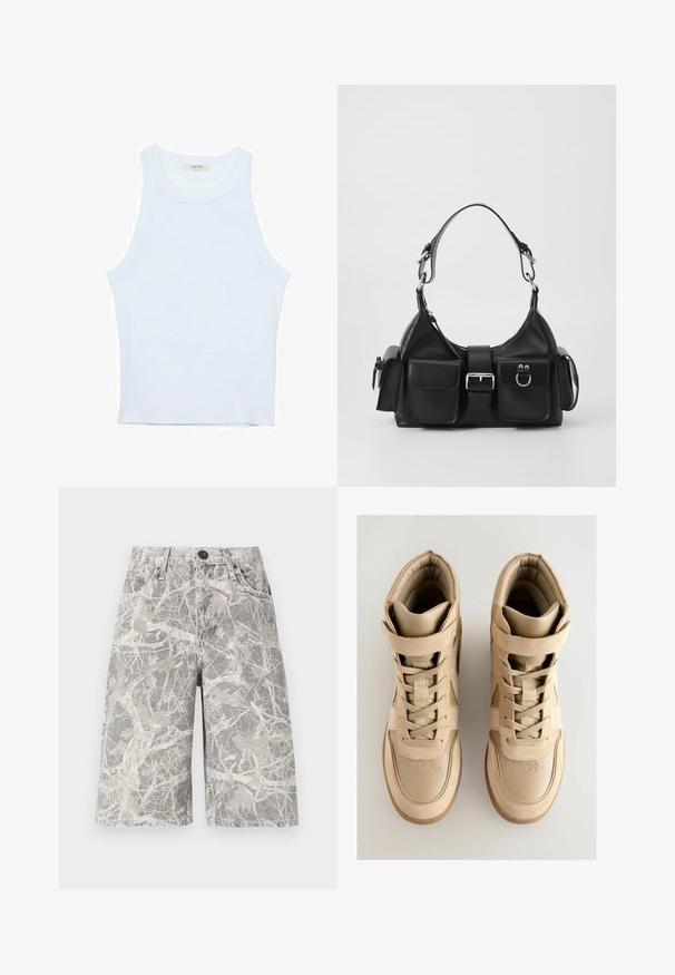 Canotta bianca, texture a coste, scollatura rotonda, design senza maniche, forma aderente, branding sottile sull'etichetta all'interno dell'area del colletto.; Shorts in denim a motivo camouflage in tonalità di grigio e beige, con un classico design a cinque tasche e chiusura con bottone in metallo.; Sneaker alta beige con tomaia in suede e pelle testurizzata, dotate di chiusura con lacci, una cinta in velcro e suola in gomma.; Borsa a tracolla in pelle nera con design curvo, tracolla regolabile, due tasche frontali e dettagli in metallo argentato. Presenta un particolare centrale con fibbia.; Collana d'argento a più strati con catene, perle bianche, charm a forma di stella e mezzaluna, e un ciondolo rotondo alla base che presenta un design a raggiera.