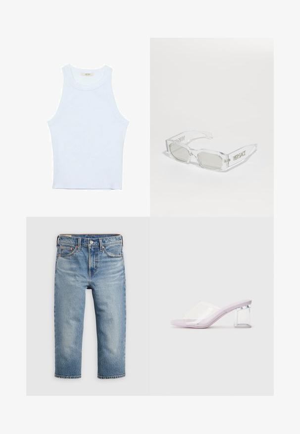 Bijela majica na bretele, rebrasta tekstura, okrugli izrez, bez rukava, uski kroj, suptilno brendiranje na etiketici unutar područja ovratnika.; Svijetloplave traperice ležernog kroja, skraćene duljine, s pet džepova i zatvaranjem na metalni gumb. Izblijedjela tekstura s diskretnim detaljima šavova.; Ljubičaste mule s petom, s prozirnim plastičnim gornjim dijelom i prozirnom blok petom. Glatka tekstura, dizajn s otvorenim prstima, minimalistički oblik.; Prozirne plastične sunčane naočale s sivoj lećama, pravokutnog oblika, s reljefnim "Versace" logotipom na sljepoočnicama, koje prikazuju moderan dizajn.