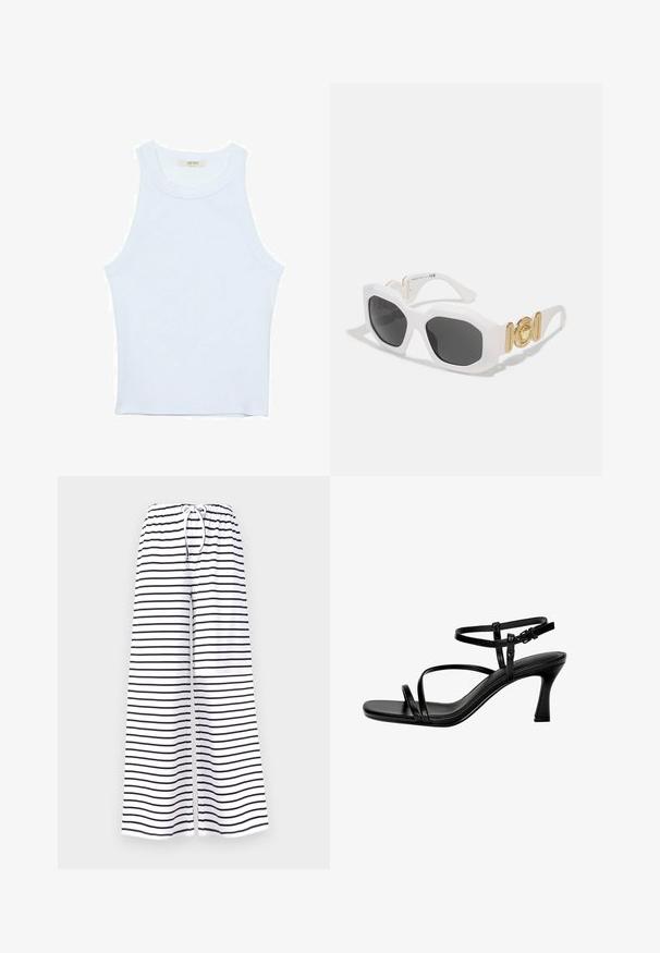 Weißes Tanktop, gerippte Textur, runder Ausschnitt, ärmelloses Design, enganliegende Form, dezente Markenkennzeichnung im Etikett im Kragenbereich.; Weite Hosen aus weißem Stoff mit schwarzen horizontalen Streifen. Elastischer Bund mit Kordelzug für eine verstellbare Passform und Komfort.; Schwarze Leder-Sandalen mit Absatz, ausgestattet mit dünnen Riemen, einer quadratischen Zehenpartie und einem Stiletto-Absatz. Verstellbarer Knöchelriemen für eine optimale Passform. Glatte Textur.; Weiße achteckige Sonnenbrille mit dunklen Gläsern. Verfügt über goldene Hardware-Akzente und ein strukturiertes Design an den Bügeln.