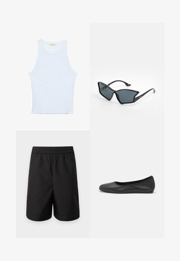 Witte tanktop, geribbelde textuur, ronde halslijn, mouwloos ontwerp, aansluitende vorm, subtiele branding op het label binnenin de kraag.; Zwarte shorts van lichtgewicht stof, met een elastische tailleband en een eenvoudige, rechte snit. Geen zichtbare zakken of patronen.; Zwarte leren ballerina met een ronde neus, gladde textuur, minimale stikdetails en een flexibele zoolontwerp.; Zwarte plastic zonnebril met een geometrische cat-eye vorm, grijze lenzen en gouden accenten op de pootjes. Het hele montuur heeft een gladde textuur.