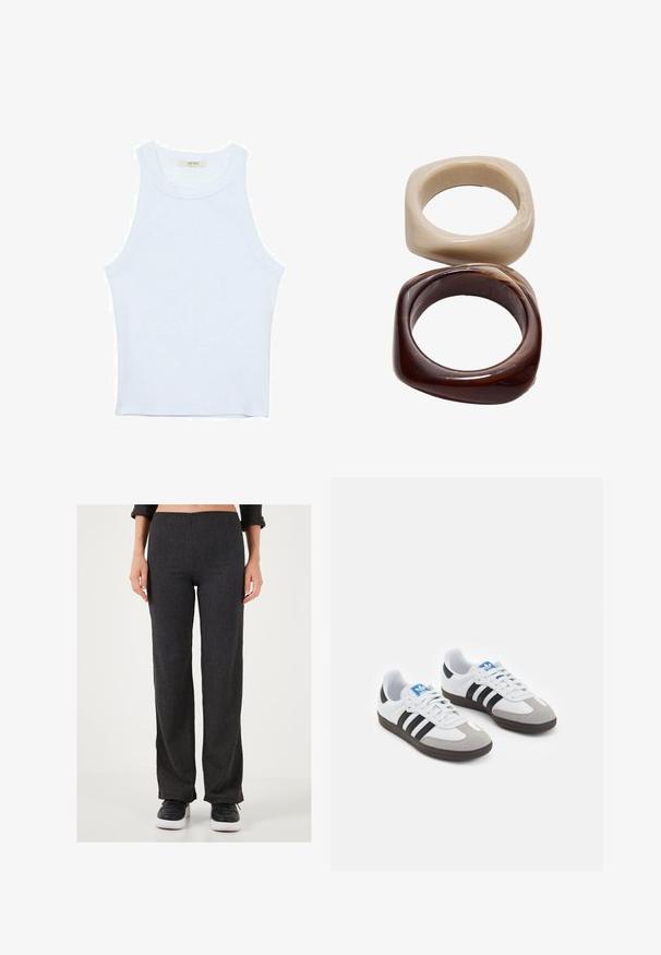Bela majica bez rukavov, rebrasta tekstura, okrugli izrez, kroj koji prati tijelo, suptilno brendiranje na etiketi unutar ovratnika.; Temno sivi hlače iz žametnega blaga s straight leg obliko. Imajo raven pas in subtilno teksturo, kombinirane s črnimi supergami.; Športni čevlji z belim usnjenim zgornjim delom, sivim semišem na prstih in tremi črnimi črtami. Imajo modro logo na jeziku in teksturiran gumijast podplat.; Stradivarius SET - Zapestnica - dark brown