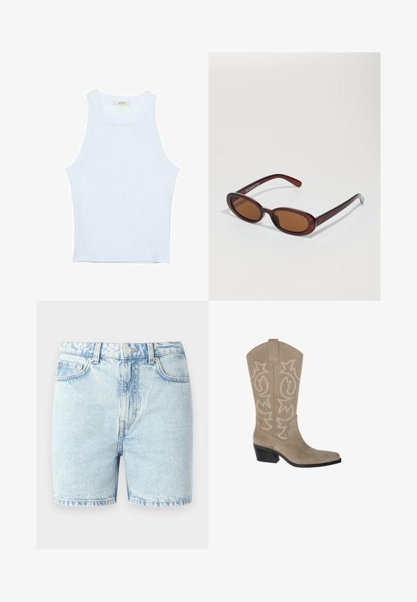 Bílý top bez rukávů, žebrovaná textura, kulatý výstřih, obtáhnutý střih, decentní značka na štítku uvnitř oblasti límce.; Světlé modré denimové šortky klasického střihu, s designem pěti kapes, šitými švy a zapínáním na knoflík.; PULL&BEAR Kovbojské/motorkářské kozačky - taupe; Kulaté sluneční brýle hnědé barvy s lesklým burgundským rámem. Úzké nožičky s jemným logem. Rovné čočky.; Béžová kožená kabelka ve tvaru půlměsíce s horním zipem, odnímatelným ramenním popruhem a zlatým logem "Lacoste Paris" na přední straně.