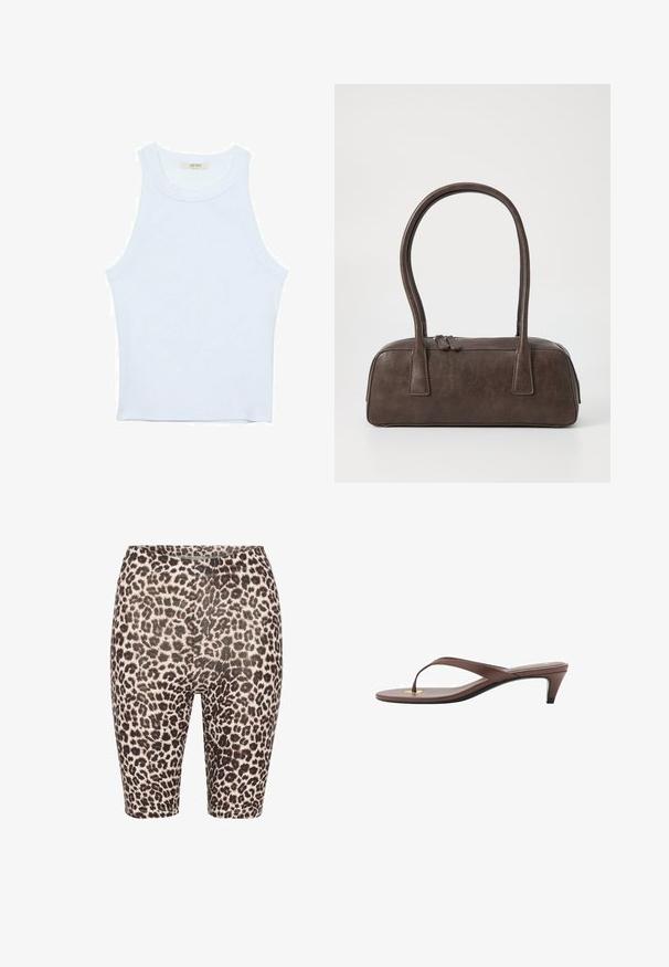 Weißes Tanktop, gerippte Textur, runder Ausschnitt, ärmelloses Design, enganliegende Form, dezente Markenkennzeichnung im Etikett im Kragenbereich.; Leopardenmuster-Radsportshorts mit einem schwarz-beigen Farbschema, elastischem Bund und glatter Textur. Mittlere Oberschenkellänge mit figurnaher Passform.; Braune, mit Absatz versehene Flip-Flop-Sandale mit einem schmalen Riemen und abgerundetem Zehensteg, der ein kleines goldfarbenes Akzent auf dem Fußbett aufweist.; Braune Lederhandtasche mit zwei stabilen Griffen, rechteckiger Form, glatter Oberfläche und Reißverschluss. Minimalistisches Design ohne sichtbare Muster.