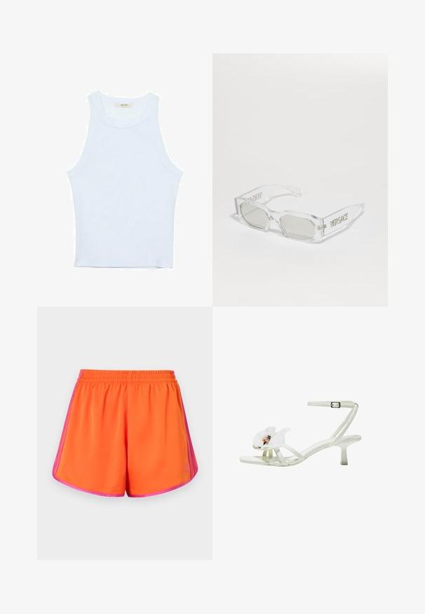 Biele tielko, rebrový textúra, okrúhly výstrih, bezrukávový dizajn, priliehavý strih, diskrétne logo na štítku vo vnútri oblasti goliera.; Jasne oranžové športové šortky so strečovým pásom, s ružovými bočnými pruhmi a hladkým, ľahkým materiálom.; Biele sandále na opätku vyrobené z textúrovaného materiálu, s širokým kvetinovým akcentom na prste, tenkými popruhmi a opätkom strednej výšky.; Priesvitné plastové slnečné okuliare so šedými sklami, obdĺžnikový tvar, embosované logo "Versace" na ramenách, ktoré vystihuje moderný dizajn.