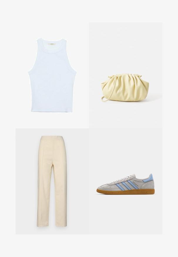 Débardeur blanc, texture côtelée, encolure ronde, design sans manches, forme ajustée, marque discrète sur l'étiquette à l'intérieur du col.; Pantalons droits couleur crème en coton, avec des plis sur le devant, une texture lisse et une taille sans matériel visible.; Baskets en suède gris avec des rayures bleu clair, semelle en caoutchouc caramel et accents de logo. Design basse avec bout rond et fermeture à lacets.; Sac à main plissé jaune en simili cuir lisse, arborant une forme douce avec une bandoulière unique et un design froncé sur le dessus.
