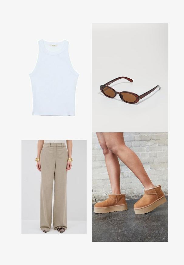 Canotta bianca, texture a coste, scollatura rotonda, design senza maniche, forma aderente, branding sottile sull'etichetta all'interno dell'area del colletto.; Pantaloni beige a gamba larga con una sottile texture, dotati di tasche frontali, una vita sartoriale e una silhouette dritta.; Stivali alla caviglia in suede marrone con una fodera morbida, suola platform spessa beige e un'asola posteriore. Superficie testurizzata con dettagli di cucitura ben visibili.; Occhiali da sole rotondi con tonalità marrone, montatura lucida color bordeaux. Aste sottili con un sottile dettaglio del marchio. Design delle lenti piatte.; Borsa a spalla rosa realizzata in materiale testurizzato, con due manici lunghi e un logo impresso sul davanti. Chiusura superiore con zip.