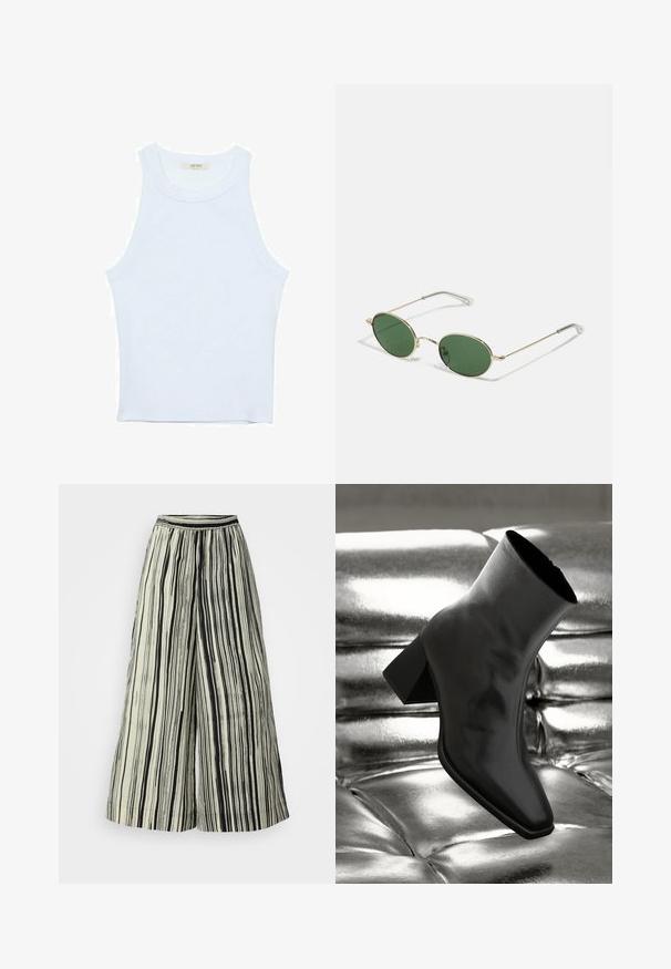 Vit linne med ribbat mönster, rund halsringning, ärmlös design, figurnära passform, diskret logotyp på etiketten inuti halsringningen.; Vida byxor i krämfärg med vertikala svarta ränder. Har elastisk midja och mjuk tygtextur, vilket skapar en flödande siluett.; Svarta ankelboots i glänsande material med fyrkantig tå och avsmalnande klack, placerade mot en glänsande silverfärgad vadderad bakgrund.; Solförmda solglasögon med guldram och gröna ovala linser samt tunna metalldelar. Utrustad med klara plastspetsar på armarna för ökad komfort.; Silverfärgade metallörhängen med en slät, tårformad design och en polerad yta. Subtila gravyrer tillför detaljer. Minimalistisk design.