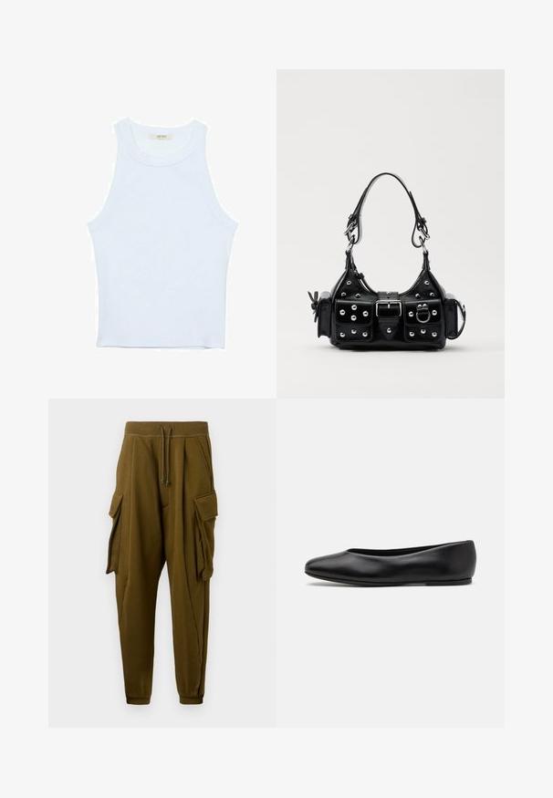 Hvid tanktop, ribbet tekstur, rund halsudskæring, ærmeløs design, tætsiddende form, diskret branding på mærket inden i kraveområdet.; Olivengrønne joggerbukser med snøre i taljen, to store cargo-lommer med klapper på hver side, og ribbede ankler.; Paul Smith TOPANGA - Ballerinasko - black; Sort læderhåndtaske med et buet design, prydet med sølvfarvede nitter, en spænde og to sidelommer. Justerbar rem til forskellige bære muligheder.