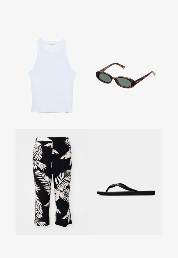 Weißes Tanktop, gerippte Textur, runder Ausschnitt, ärmelloses Design, enganliegende Form, dezente Markenkennzeichnung im Etikett im Kragenbereich.; Schwarze Hosen mit einem weißen und roten tropischen Blattmuster, mit einem ausgestellten Schnitt und einem elastischen Bund, aus einem glatten Stoff gefertigt.; Schwarze Gummi-Flip-Flop-Sandale mit einem strukturierten Riemen und einfacher flacher Sohle, von der Seite auf einem schlichten hellen Hintergrund dargestellt.; Schildpatt-Sonnenbrille mit ovalen Rahmen und grünen Gläsern. Verfügt über dünne Bügel mit einem metallischen Akzent in der Nähe der Scharniere.; Silberne Metallohrringe mit einem wellenförmigen, skulpturalen Design, das eine polierte Oberfläche und unregelmäßige Formen aufweist, die eine zeitgenössische Ästhetik betonen.