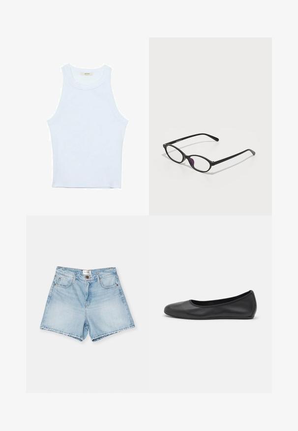 Hvid tanktop, ribbet tekstur, rund halsudskæring, ærmeløs design, tætsiddende form, diskret branding på mærket inden i kraveområdet.; FRAME THE EASY - Denimshorts - fizz indigo; Sort læderballetsko med rund tå, glat tekstur, minimal syning og et fleksibelt såldesign.; Sorte plastiske briller med oval form, der har klare linser og en lilla accent på venstre linse. Elegant, minimalistisk design.