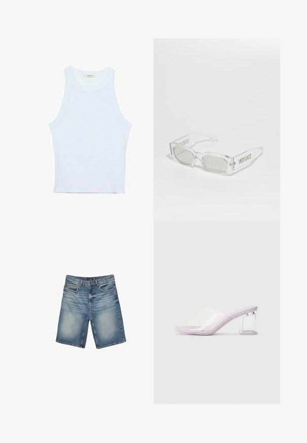 Weißes Tanktop, gerippte Textur, runder Ausschnitt, ärmelloses Design, enganliegende Form, dezente Markenkennzeichnung im Etikett im Kragenbereich.; Hellblaue Denim-Shorts mit einem Bund und Gürtelschlaufen, fünf Taschen und einem leicht verblassten Finish für einen abgetragenen Look.; Lavendelfarbene mules mit Absatz aus klarem Kunststoff und transparentem Blockabsatz. Glatte Textur, offenes Zehendesign, minimalistischer Stil.; Klare Kunststoffsonnenbrille mit grauen Gläsern, rechteckiger Form, geprägtem "Versace"-Logo an den Bügeln, das ein modernes Design präsentiert.