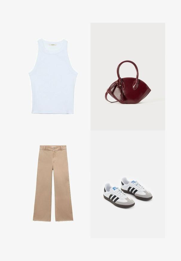 Vit linne med ribbat mönster, rund halsringning, ärmlös design, figurnära passform, diskret logotyp på etiketten inuti halsringningen.; Beiga vida jeans med fransad nederkant, tillverkade av bomull. Har en knäppning och bälteshällor, vilket ger en lös passform och avslappnad stil.; Sportskor med överdel i vit läder, grå mocka på tårna och tre svarta ränder. Har en blå logotyp på tungan och en texturerad gummisula.; Burgunderfärgad läderhandväska med rundad form, två korta handtag, dragkedja och knutdetalj på handtaget. Slät textur.