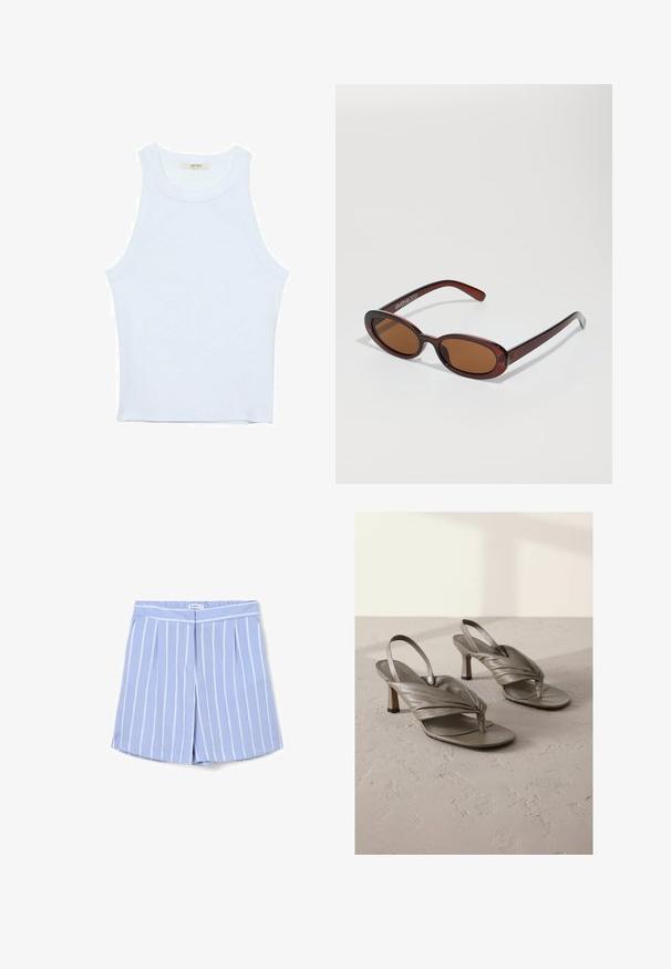 Canotta bianca, texture a coste, scollatura rotonda, design senza maniche, forma aderente, branding sottile sull'etichetta all'interno dell'area del colletto.; Descrizione di pantaloni corti blu chiaro con righe bianche verticali, design sartoriale, parte anteriore plissettata e una texture del tessuto liscia. La vestibilità include una fascia elastica in vita.; Sandali azzurri in pelle con tacco alto a slingback, con fasce frontali intrecciate e punta quadrata, caratterizzati da un tacco medio e una superficie testurizzata.; Occhiali da sole rotondi con tonalità marrone, montatura lucida color bordeaux. Aste sottili con un sottile dettaglio del marchio. Design delle lenti piatte.; ALDO THALELI - Borsa a mano - navy; Orologio al quarzo Casio con quadrante rettangolare argento, dettagli dorati e bracciale in metallo bicolore argento e oro. Caratteristica di resistenza all'acqua.