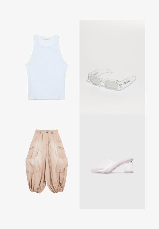 Biele tielko, rebrový textúra, okrúhly výstrih, bezrukávový dizajn, priliehavý strih, diskrétne logo na štítku vo vnútri oblasti goliera.; Béžové voľné nohavice z ľahkej tkaniny, vybavené veľkými vreckami, elastickými manžetami a viditeľnými švovými detailmi.; Fialové podpätky s otvorenou špičkou, jasnou plastovou vrchnou časťou a priehľadným blokovým podpätkom. Hladká textúra, minimalistický tvar.; Priesvitné plastové slnečné okuliare so šedými sklami, obdĺžnikový tvar, embosované logo "Versace" na ramenách, ktoré vystihuje moderný dizajn.