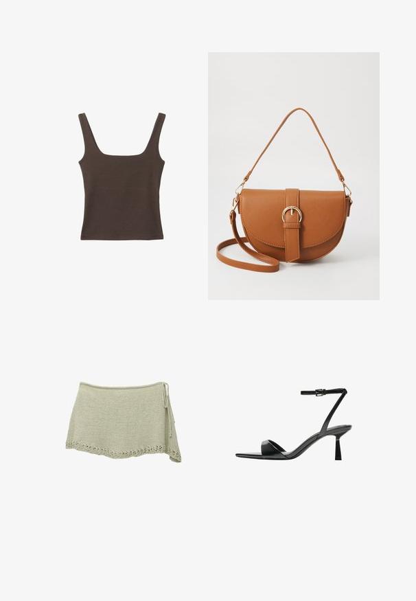 Bruine tanktop zonder mouwen met een vierkante halslijn, gemaakt van zachte, rekbare stof. Heeft een aansluitend ontwerp en platte naden.; Gebreide rok in lichtgroen met een golfvormige kanten zoom, verstelbare strik aan de zijkant en een gestructureerde stof.; Bershka Sandalen met hoge hak - black; Bruine leren schoudertas met een gebogen vorm, gouden hardware en een gespaccent. Bevat een afneembare schouderriem.