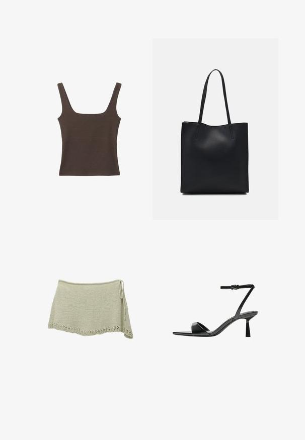 Top senza maniche marrone con scollo quadrato, realizzato in tessuto morbido ed elastico. Presenta un design aderente e cuciture piatte.; Gonna a maglia di colore verde chiaro con orlo in pizzo scallop, cordino regolabile sul lato e tessuto testurizzato.; Bershka Sandali con tacco - black; Borsa tote in pelle nera con texture liscia, forma rettangolare e due manici lunghi. Nessun hardware o decorazione visibile.