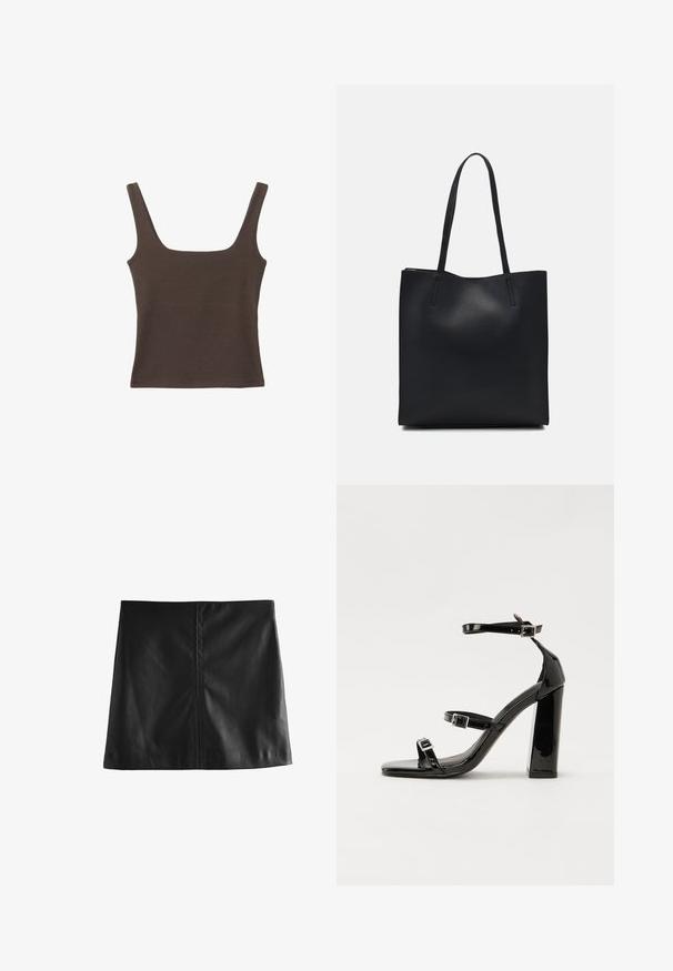Rjava brezrokavna majica s kvadratnim izrezom, narejena iz mehkega, elastičnega materiala. Ima oprijet kroj in ravne šive.; Črna usnjena mini krilo, ki se ponaša z gladko teksturo, preprostim dizajnom in minimalnim šivanjem, z ravnim krojem in brez okraskov.; Črne lakirane sandale s peto, kvadratnim prstom, trakovi okrog gležnja in srebrnimi zaponkami. Opremljene so s stabilno Debelo peto.; Črna usnjena torba s svilnato teksturo, pravokotne oblike in dvema dolgima ročajema. Brez vidnih metalnih delov ali okrasnih elementov.