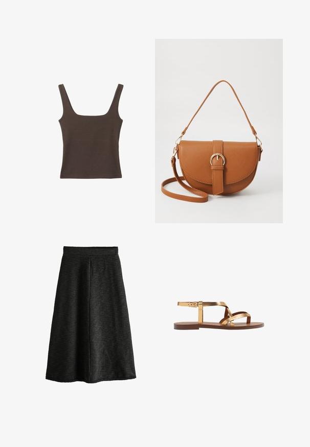 Hnedý bezrúškový top so štvorcovým výstrihom, vyrobený z mäkkého, elastického materiálu. Má priliehavý strih a ploché švy.; Čierna pletená sukňa s rozšíreným strihom, textúrovaná tkanina, dĺžka po polovicu lýtok a elastický pás. Bez vreciek alebo ozdôb.; Zlaté metalické ploché sandále s viacerými širokými popruhmi, s prackou na členku a hnedou plochou podrážkou. Hladká textura po celom povrchu.; Hnedá kožená kabelka cez telo s zakriveným tvarom, zlatými kovovými doplnkami a akcentom s prackou. Obsahuje odnímateľný ramenný popruh.