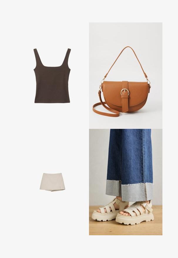 Braunes ärmelloses Oberteil mit quadratischem Ausschnitt, aus weichem, dehnbarem Stoff gefertigt. Verfügt über ein figurbetontes Design und flache Nähte.; Beige Damen-Skort mit einem leichten Schlitz vorne und angenähten Shorts darunter, auf einem weißen Hintergrund präsentiert.; Beige Plattform-Sandalen mit dicken Sohlen verfügen über ein Riemchen-Design und verstellbare Knöchelriemen. Getragen zu weit geschnittenen Denim-Hosen, ist ein Saum ausgefranst.; Braune Leder-Crossbody-Tasche mit geschwungener Form, goldfarbenen Beschlägen und einer Schnallenakzentuierung. Verfügt über einen abnehmbaren Schultergurt.