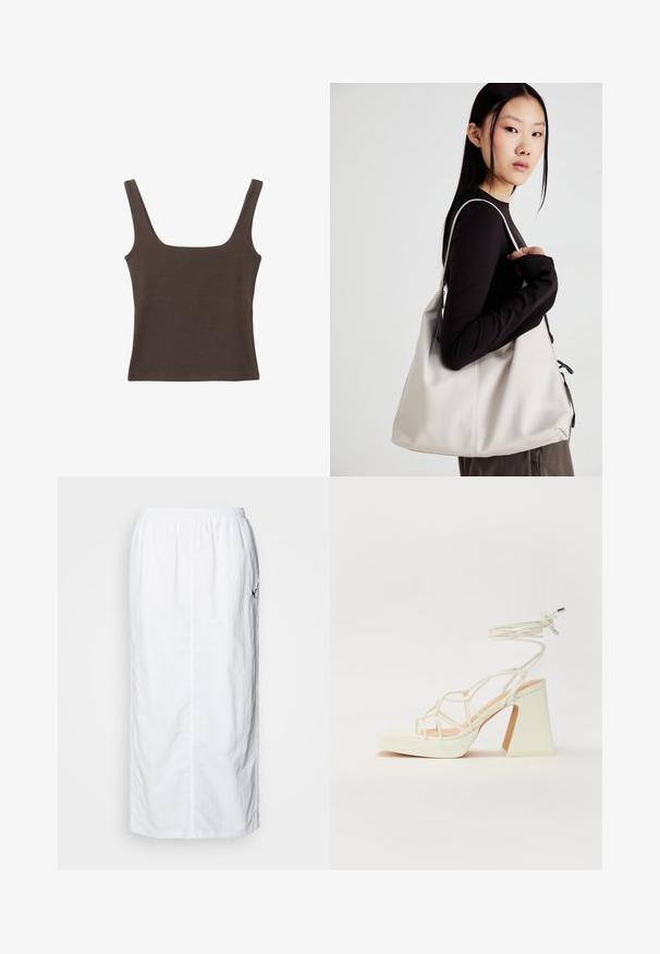 Haut sans manches marron avec un décolleté carré, fabriqué à partir d'un tissu doux et extensible. Présente un design ajusté et des coutures plates.; Jupe midi blanche avec une taille élastique, texture uni, coupe droite et un détail discret de poche latérale.; Sandale blanche à talons hauts avec un talon épais, présentant un design à lanières et un lien autour de la cheville. Texture lisse avec une plateforme à l'avant pour une hauteur supplémentaire.; Sac à main beige en matériau souple, avec un design décontracté, des détails cousus et deux poignées. Idéal pour un usage quotidien.