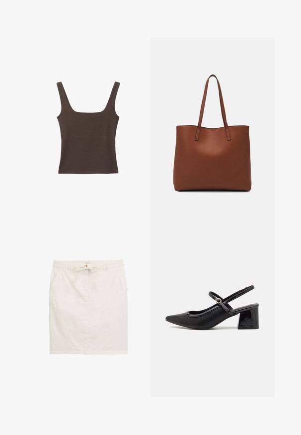 Brun ærmeløs top med firkantet udskæring, lavet af blød, strækbar stof. Har et tætsiddende design og flade sømme.; Hvid bomuldsnederdel med snøre i taljen, to sidelommer og lige skæring. Subtil struktur med en glat overflade.; Sorte patentlæder slingback hæle med spids tå, rund udskæring og blokhæl. Har en guldtonet spændeaccents.; Brun læder tote taske med en glat overflade, åben topdesign og to skulderremme. Har minimal syning og ingen synlig hardware.