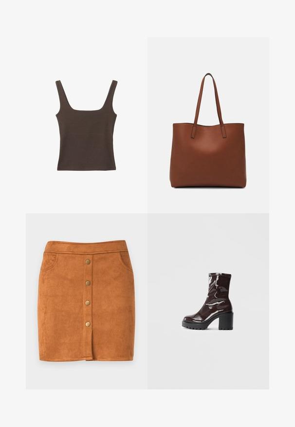 Rjava brezrokavna majica s kvadratnim izrezom, narejena iz mehkega, elastičnega materiala. Ima oprijet kroj in ravne šive.; Rjava zamakna mini krila s ravnim krojem, ki ima sprednji gumb za zapiranje, dva stranska žepa in subtilne šive.; Sijajan škrlatank z bleščečim videzom, z masivnim črnim peto, ki se ponaša z gladko teksturo in preprostim dizajnom. Brez vidnih zapenjal ali vzorcev.; Rjava usnjena torba z gladko teksturo, odprto zasnovo zgoraj in dvema naramnima trakovoma. Opremljena je z minimalnim šivanjem in brez vidnih kovinskih delov.