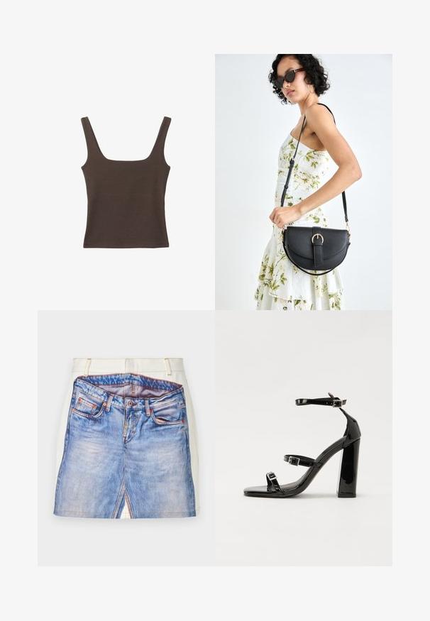 Braunes ärmelloses Oberteil mit quadratischem Ausschnitt, aus weichem, dehnbarem Stoff gefertigt. Verfügt über ein figurbetontes Design und flache Nähte.; Kurzer Jeansrock mit einem bedruckten blauen Jeansmuster, ausgestattet mit einem weißen Bund, orangefarbenen Nähten und seitlichen Schlitzen.; Schwarze patentierte Sandalen mit Absatz, quadratischer Spitze, Knöchelriemen und silbernen Schnallen. Mit einem stabilen Blockabsatz für mehr Stabilität.; Schwarze Lederhandtasche mit geschwungener Form, abnehmbarem Tragegurt und goldenen Beschlägen. Die Tasche verfügt über einen Deckel mit einer Schnallen-Details.