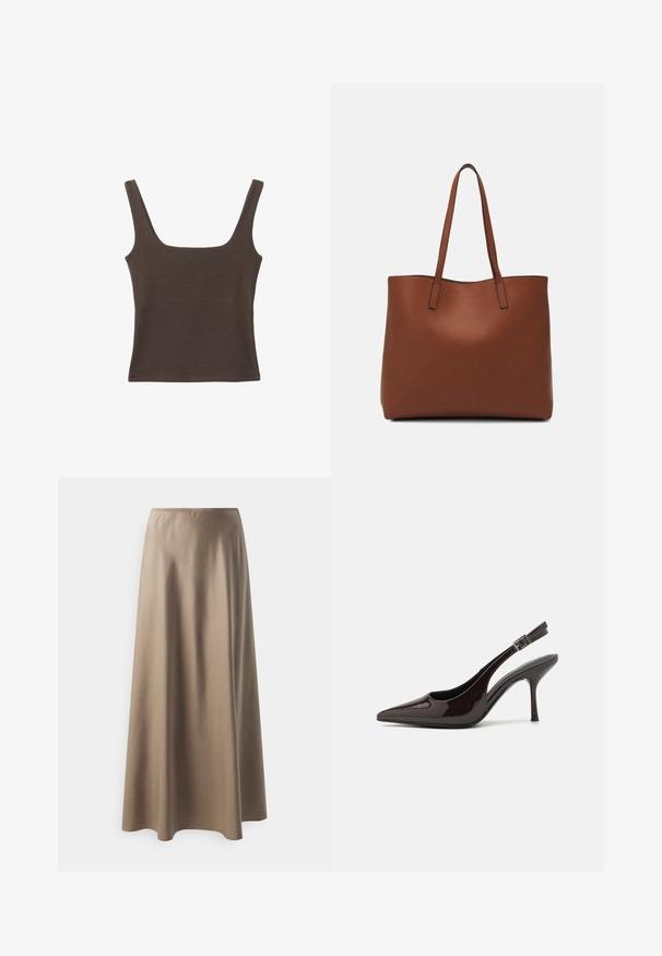 Haut sans manches marron avec un décolleté carré, fabriqué à partir d'un tissu doux et extensible. Présente un design ajusté et des coutures plates.; Jupe mi-longue en tissu beige lisse avec une taille élastique et une silhouette fluide et ample. Pas de motifs ou d'accents visibles.; Soulier à talons hauts type slingback en cuir verni marron foncé brillant, à bout pointu, côtés ouverts et bride de cheville réglable.; Sac fourre-tout en cuir marron avec une texture lisse, design à ouverture supérieure et deux poignées pour le porter à l'épaule. Présente des coutures minimales et aucun matériel visible.