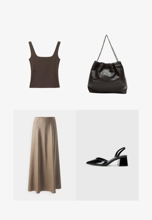 Ruskea hihaton toppi, jossa on neliönmuotoinen kaula-aukko, valmistettu pehmeästä ja joustavasta kankaasta. Ominaisuuksiin kuuluu istuva muotoilu ja sileät saumat.; Hame pituudeltaan keskikokoinen, valmistettu sileästä beigeistä kankaasta, jossa on joustava vyötärö ja valuva, löysä siluetti. Ei näkyviä kuvioita tai korostuksia.; Mustat patentoitu nahkakengät, joissa on säären takaosa ja terävä kärki, sekä geometrinen palikkakorko. Sisältää tyylikkään, minimalistisen muotoilun ja sileän pinnan.; Ruskea nahkainen laukku, jossa on kerätty yläosa ja ketjuhihna. Tasainen pinta, jossa kiiltävä viimeistely ja hienovaraiset sauman yksityiskohdat sivuilla.