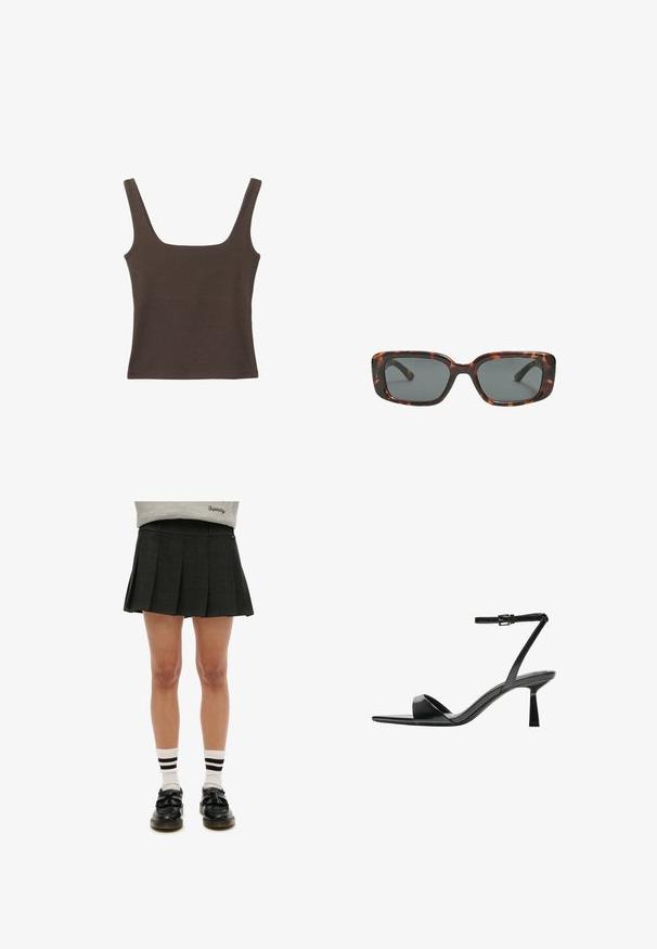 Top senza maniche marrone con scollo quadrato, realizzato in tessuto morbido ed elastico. Presenta un design aderente e cuciture piatte.; Gonna pieghettata nera con un motivo testurizzato, abbinata a calzini bianchi con righe nere e scarpe slip-on nere.; Bershka Sandali con tacco - black; Occhiali da sole tartaruga con lenti rettangolari, montatura spessa e lenti scure. Texture liscia e design minimalista.