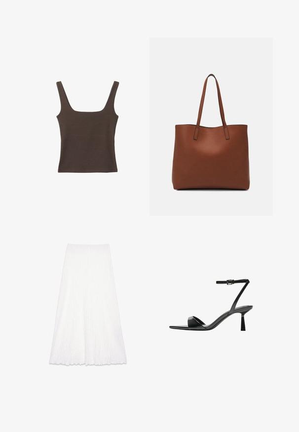 Brun ärmlös topp med fyrkantig halsringning, tillverkad av mjukt, elastiskt tyg. Har en figurnära design och plana sömmar.; Vit midikjol i en texturerad, skrynklig tyg. Har en slät midja och en utsvängd form, avslutad med en scalloped kant.; Bershka Sandaletter - black; Brun läder tote-väska med en slät textur, öppen toppdesign och två axelremmar. Har minimal söm och ingen synlig metalldetalj.